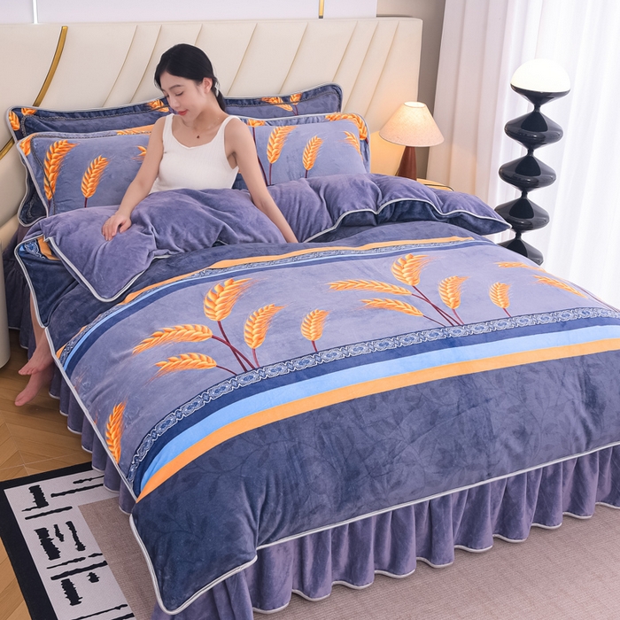 91家纺网 家纺一手货源 找家纺 首选家纺 2025新款加厚保暖牛奶绒金貂绒法莱绒床裙款四件套 麦穗