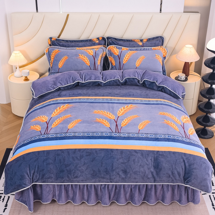 91家纺网 家纺一手货源 找家纺 首选家纺 2025新款加厚保暖牛奶绒金貂绒法莱绒床裙款四件套 麦穗