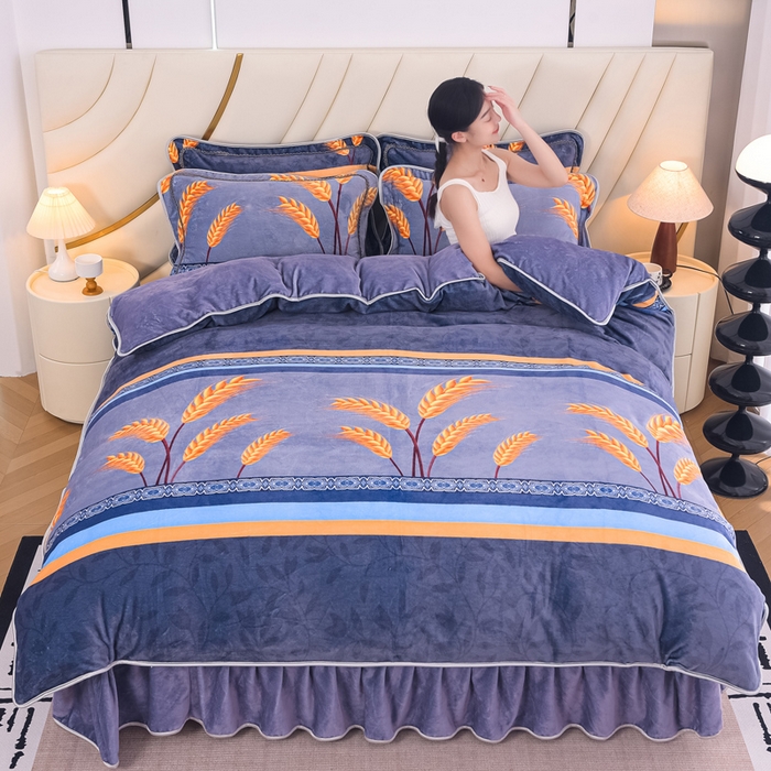 91家纺网 家纺一手货源 找家纺 首选家纺 2025新款加厚保暖牛奶绒金貂绒法莱绒床裙款四件套 麦穗