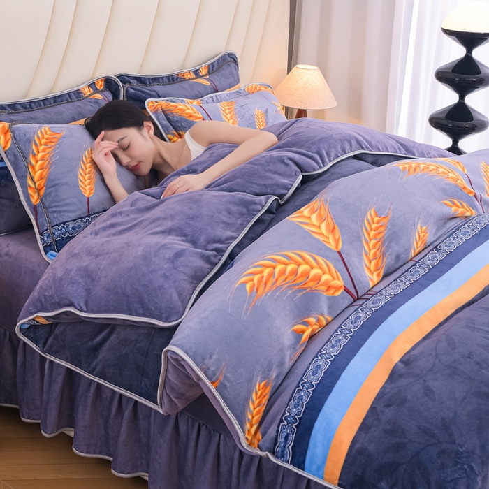 91家纺网 家纺一手货源 找家纺 首选家纺 2025新款加厚保暖牛奶绒金貂绒法莱绒床裙款四件套 麦穗