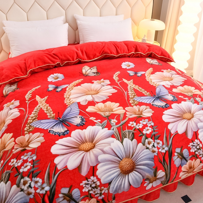 91家纺网 家纺一手货源 找家纺 首选家纺 2025新款加厚保暖牛奶绒金貂绒法莱绒床裙款四件套 满堂红