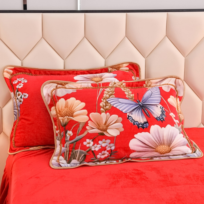 91家纺网 家纺一手货源 找家纺 首选家纺 2025新款加厚保暖牛奶绒金貂绒法莱绒床裙款四件套 满堂红