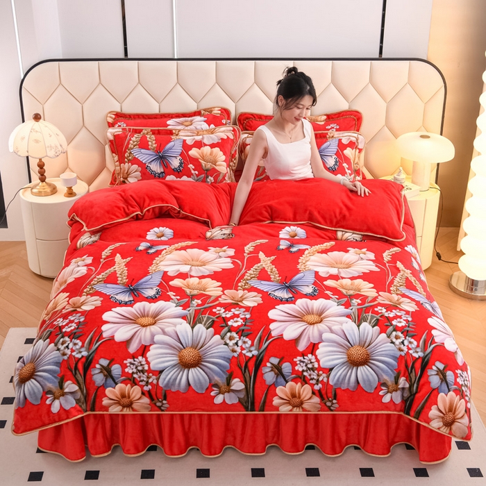 91家纺网 家纺一手货源 找家纺 首选家纺 2025新款加厚保暖牛奶绒金貂绒法莱绒床裙款四件套 满堂红