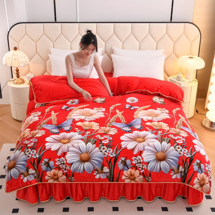 91家纺网 家纺一手货源 找家纺 首选家纺 2025新款加厚保暖牛奶绒金貂绒法莱绒床裙款四件套 满堂红