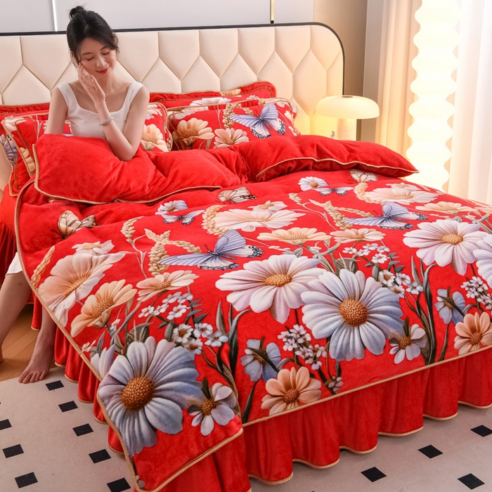 91家纺网 家纺一手货源 找家纺 首选家纺 2025新款加厚保暖牛奶绒金貂绒法莱绒床裙款四件套 满堂红