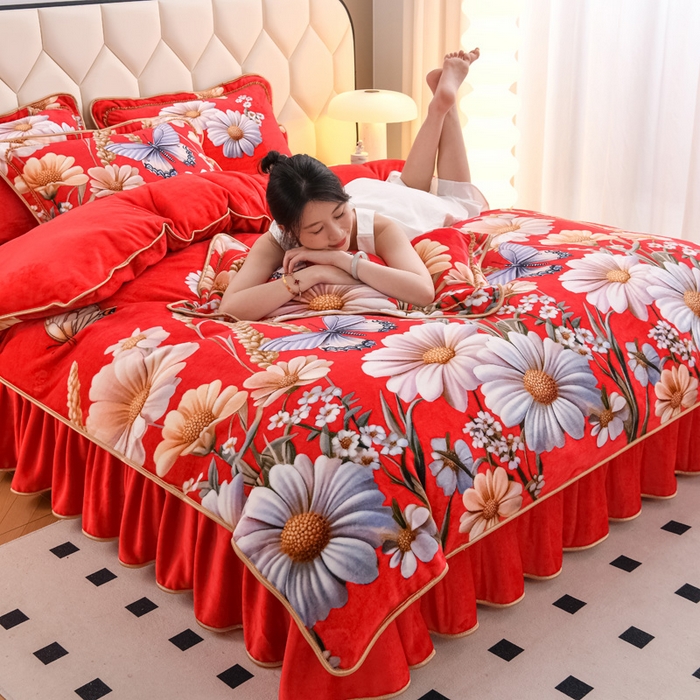 91家纺网 家纺一手货源 找家纺 首选家纺 2025新款加厚保暖牛奶绒金貂绒法莱绒床裙款四件套 满堂红