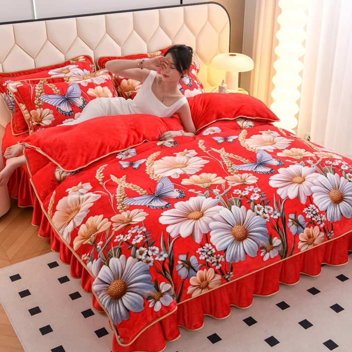 91家纺网 家纺一手货源 找家纺 首选家纺 2025新款加厚保暖牛奶绒金貂绒法莱绒床裙款四件套 满堂红