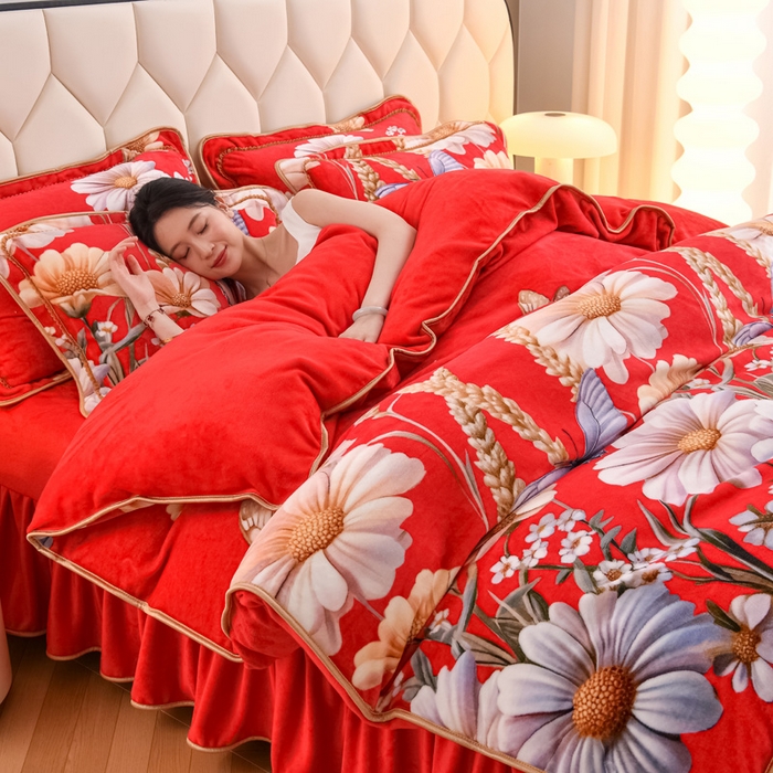 91家纺网 家纺一手货源 找家纺 首选家纺 2025新款加厚保暖牛奶绒金貂绒法莱绒床裙款四件套 满堂红