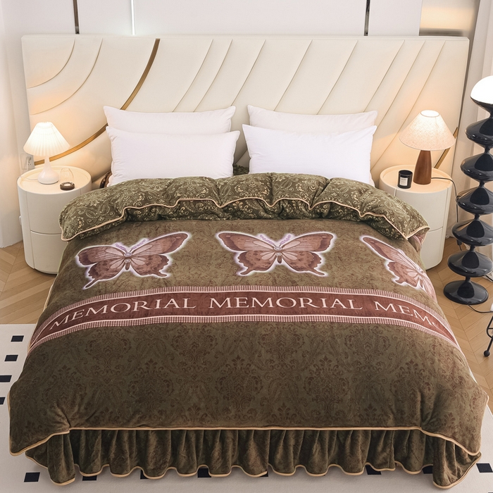 91家纺网 家纺一手货源 找家纺 首选家纺 2025新款加厚保暖牛奶绒金貂绒法莱绒床裙款四件套 梦幻蝶舞