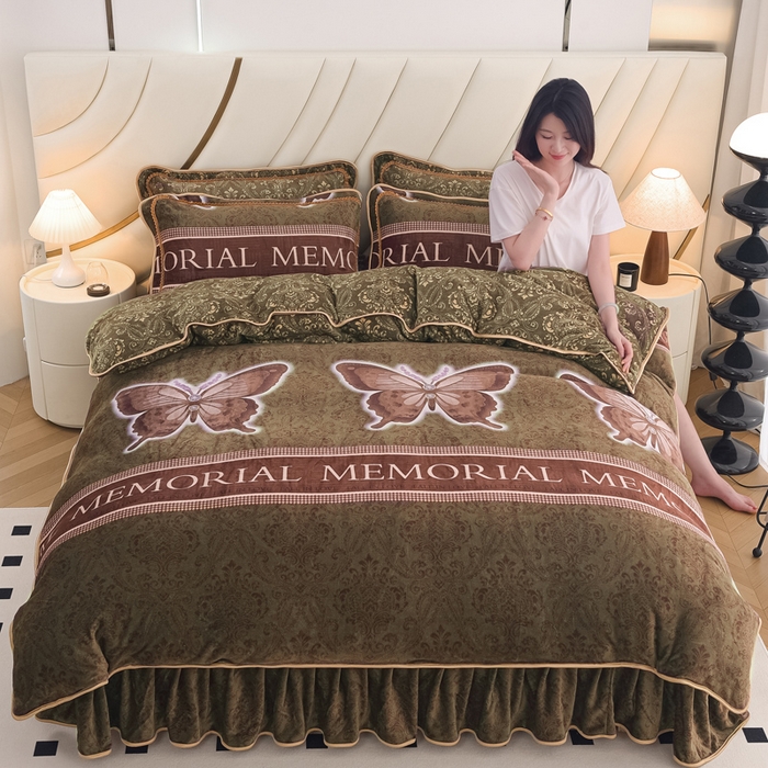 91家纺网 家纺一手货源 找家纺 首选家纺 2025新款加厚保暖牛奶绒金貂绒法莱绒床裙款四件套 梦幻蝶舞