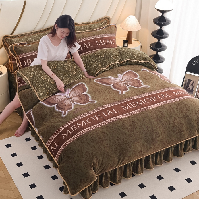 91家纺网 家纺一手货源 找家纺 首选家纺 2025新款加厚保暖牛奶绒金貂绒法莱绒床裙款四件套 梦幻蝶舞