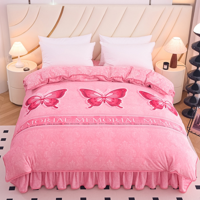 91家纺网 家纺一手货源 找家纺 首选家纺 2025新款加厚保暖牛奶绒金貂绒法莱绒床裙款四件套 翩翩起舞-粉