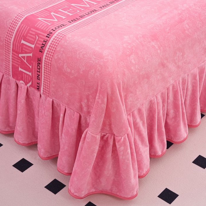 91家纺网 家纺一手货源 找家纺 首选家纺 2025新款加厚保暖牛奶绒金貂绒法莱绒床裙款四件套 翩翩起舞-粉