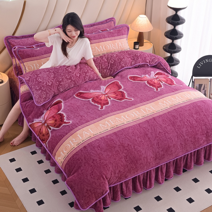 首选家纺 2025新款加厚保暖牛奶绒金貂绒法莱绒床裙款四件套 翩翩起舞-紫