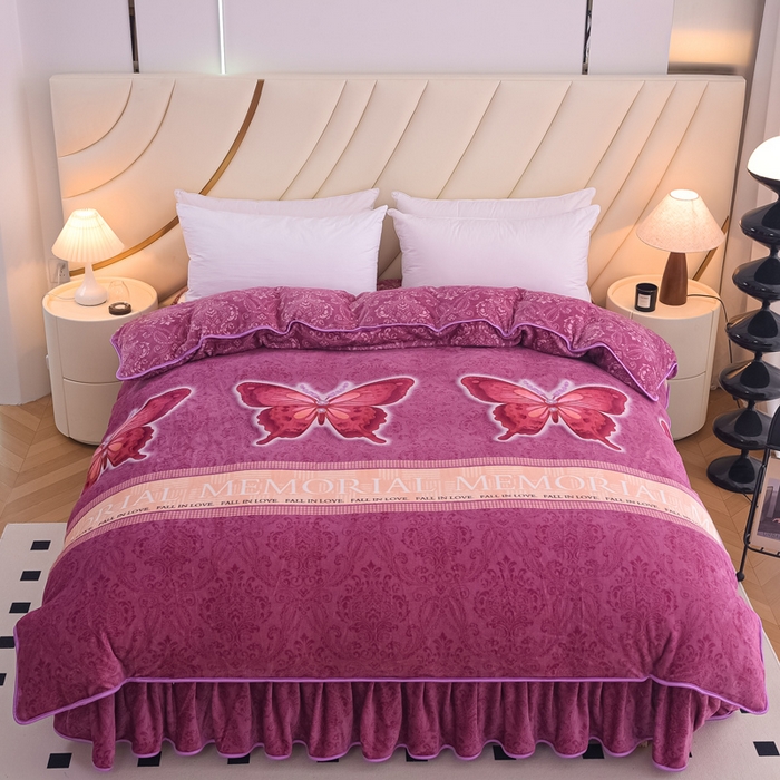 91家纺网 家纺一手货源 找家纺 首选家纺 2025新款加厚保暖牛奶绒金貂绒法莱绒床裙款四件套 翩翩起舞-紫