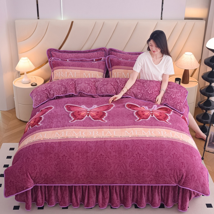 91家纺网 家纺一手货源 找家纺 首选家纺 2025新款加厚保暖牛奶绒金貂绒法莱绒床裙款四件套 翩翩起舞-紫