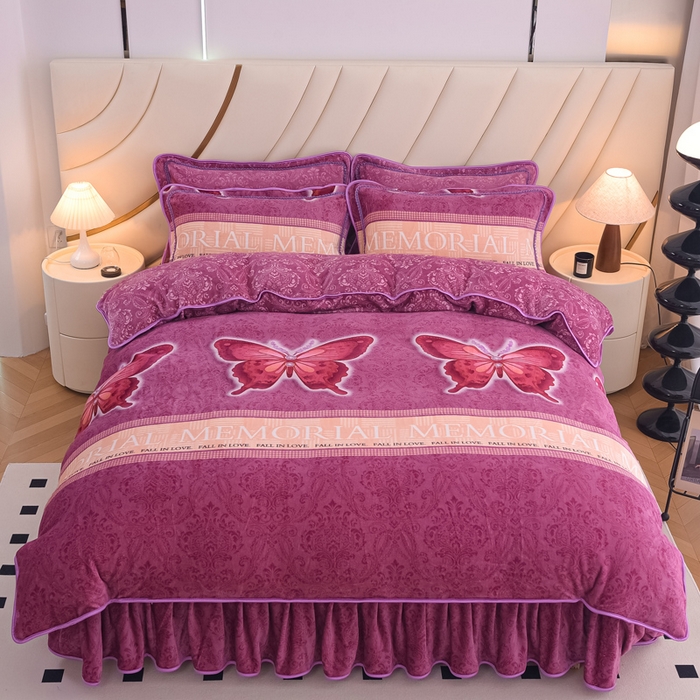 91家纺网 家纺一手货源 找家纺 首选家纺 2025新款加厚保暖牛奶绒金貂绒法莱绒床裙款四件套 翩翩起舞-紫