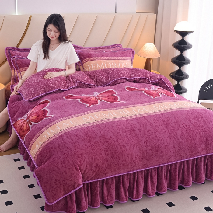 91家纺网 家纺一手货源 找家纺 首选家纺 2025新款加厚保暖牛奶绒金貂绒法莱绒床裙款四件套 翩翩起舞-紫