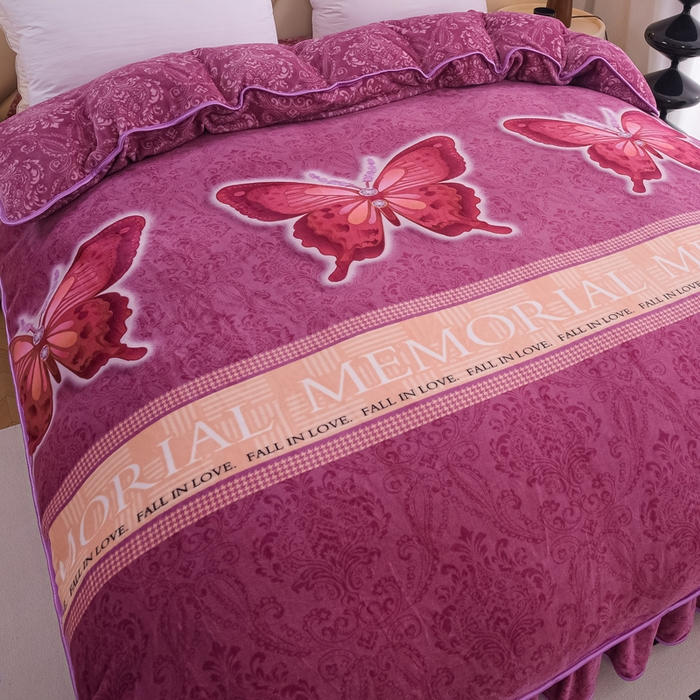 91家纺网 家纺一手货源 找家纺 首选家纺 2025新款加厚保暖牛奶绒金貂绒法莱绒床裙款四件套 翩翩起舞-紫