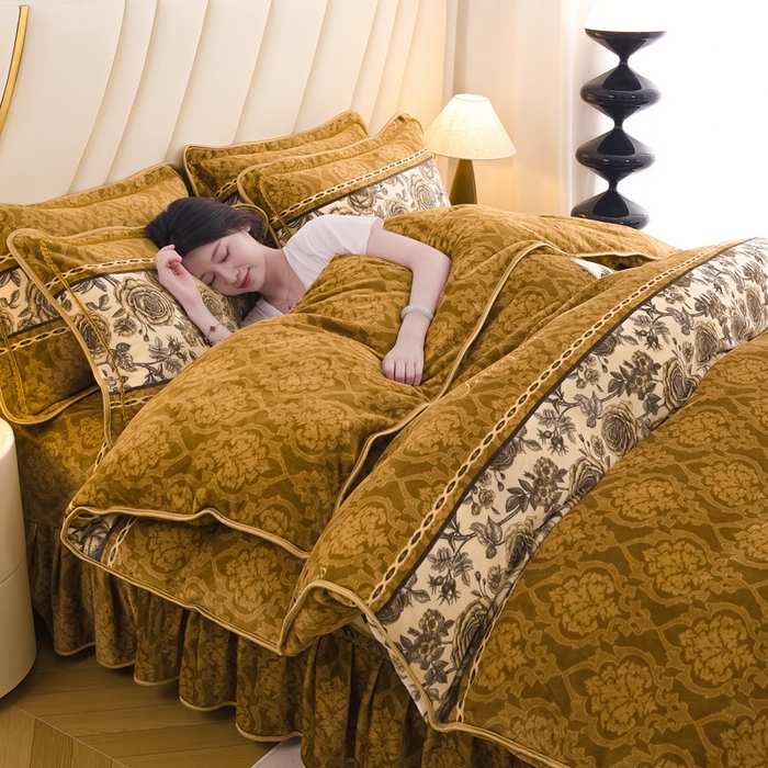 91家纺网 家纺一手货源 找家纺 首选家纺 2025新款加厚保暖牛奶绒金貂绒法莱绒床裙款四件套 秋意