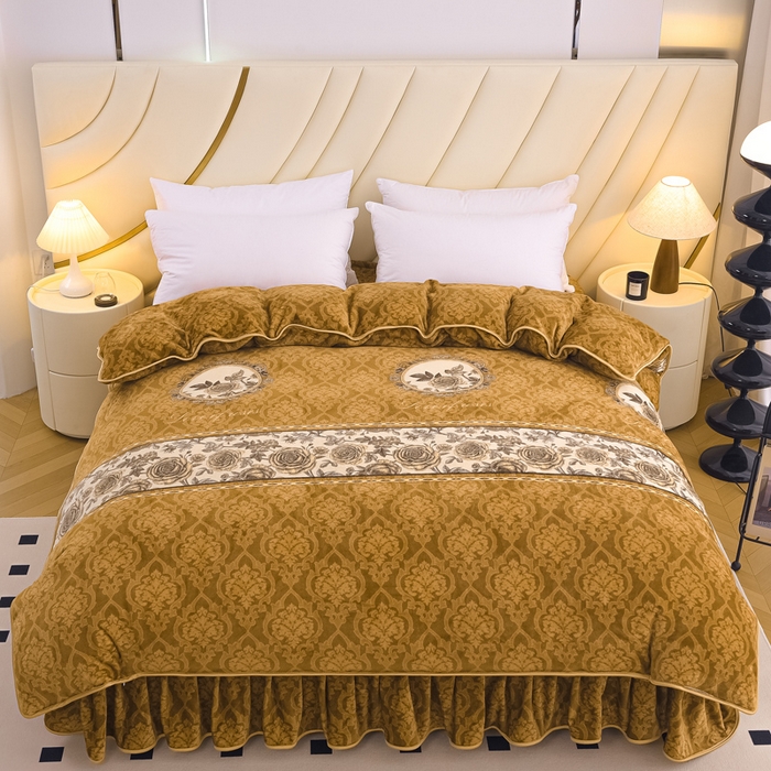 91家纺网 家纺一手货源 找家纺 首选家纺 2025新款加厚保暖牛奶绒金貂绒法莱绒床裙款四件套 秋意