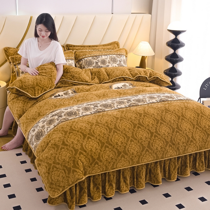 91家纺网 家纺一手货源 找家纺 首选家纺 2025新款加厚保暖牛奶绒金貂绒法莱绒床裙款四件套 秋意