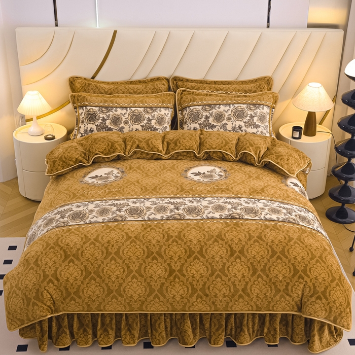 91家纺网 家纺一手货源 找家纺 首选家纺 2025新款加厚保暖牛奶绒金貂绒法莱绒床裙款四件套 秋意