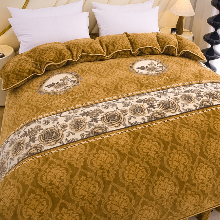 91家纺网 家纺一手货源 找家纺 首选家纺 2025新款加厚保暖牛奶绒金貂绒法莱绒床裙款四件套 秋意