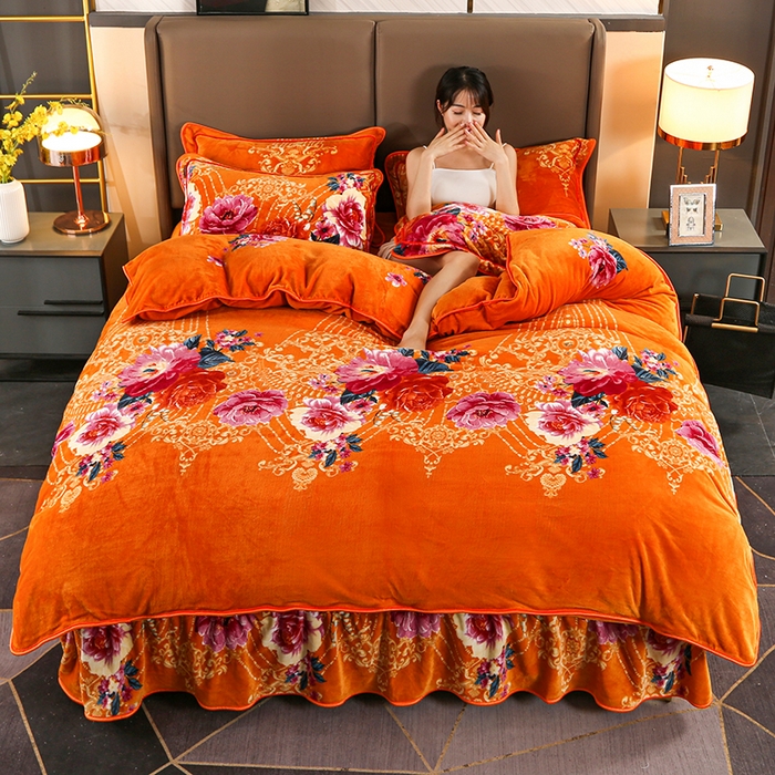 91家纺网 家纺一手货源 找家纺 首选家纺 2025新款加厚保暖牛奶绒金貂绒法莱绒床裙款四件套 奢华风情