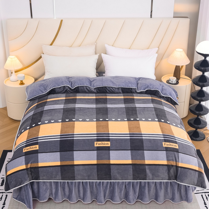 91家纺网 家纺一手货源 找家纺 首选家纺 2025新款加厚保暖牛奶绒金貂绒法莱绒床裙款四件套 绅士格