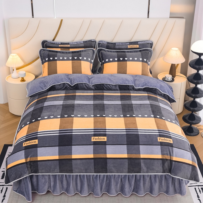 91家纺网 家纺一手货源 找家纺 首选家纺 2025新款加厚保暖牛奶绒金貂绒法莱绒床裙款四件套 绅士格