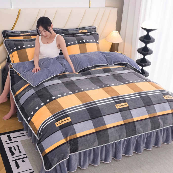 91家纺网 家纺一手货源 找家纺 首选家纺 2025新款加厚保暖牛奶绒金貂绒法莱绒床裙款四件套 绅士格