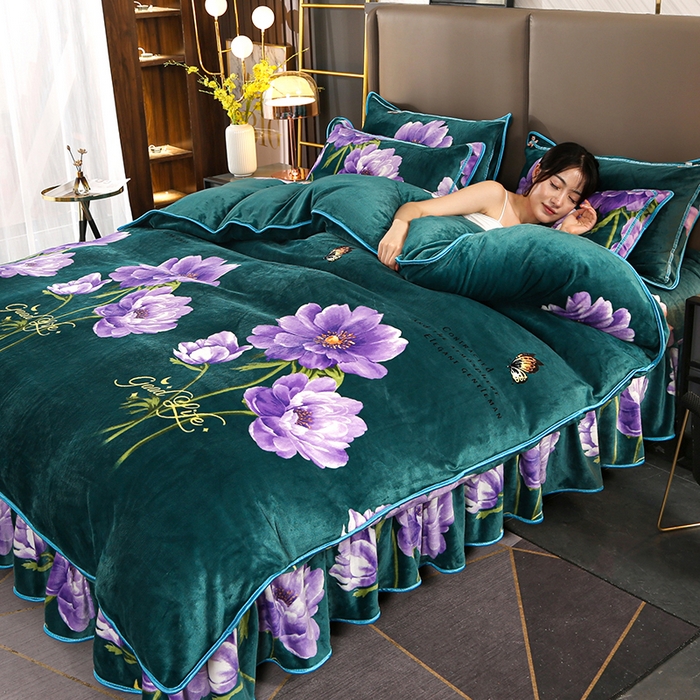 91家纺网 家纺一手货源 找家纺 首选家纺 2025新款加厚保暖牛奶绒金貂绒法莱绒床裙款四件套 水中花