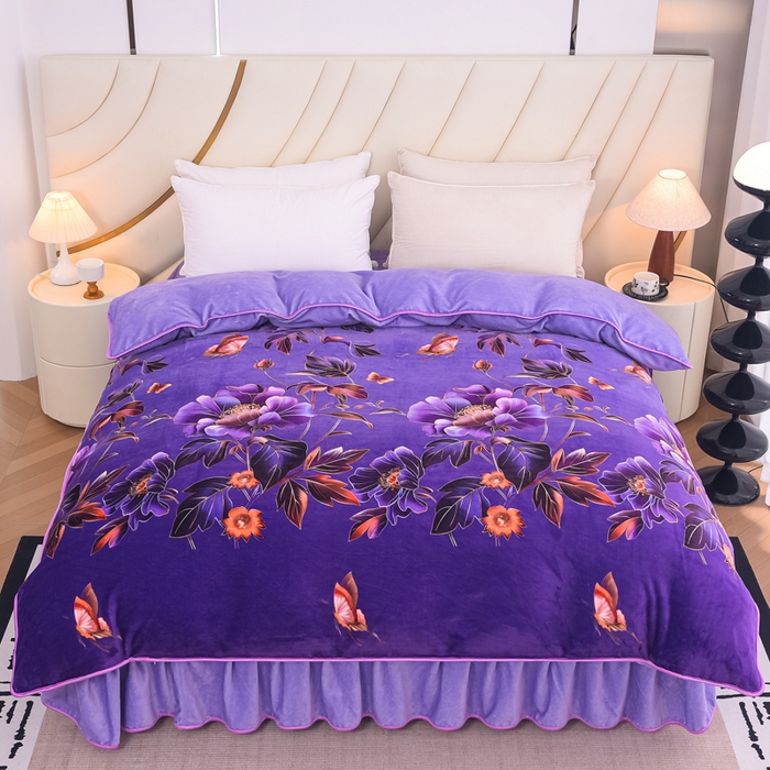 91家纺网 家纺一手货源 找家纺 首选家纺 2025新款加厚保暖牛奶绒金貂绒法莱绒床裙款四件套 紫色花海