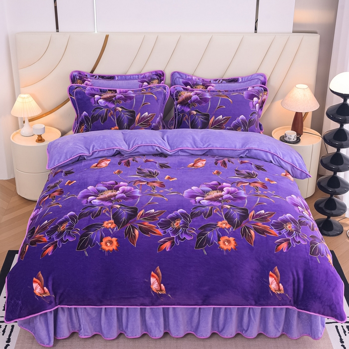 91家纺网 家纺一手货源 找家纺 首选家纺 2025新款加厚保暖牛奶绒金貂绒法莱绒床裙款四件套 紫色花海