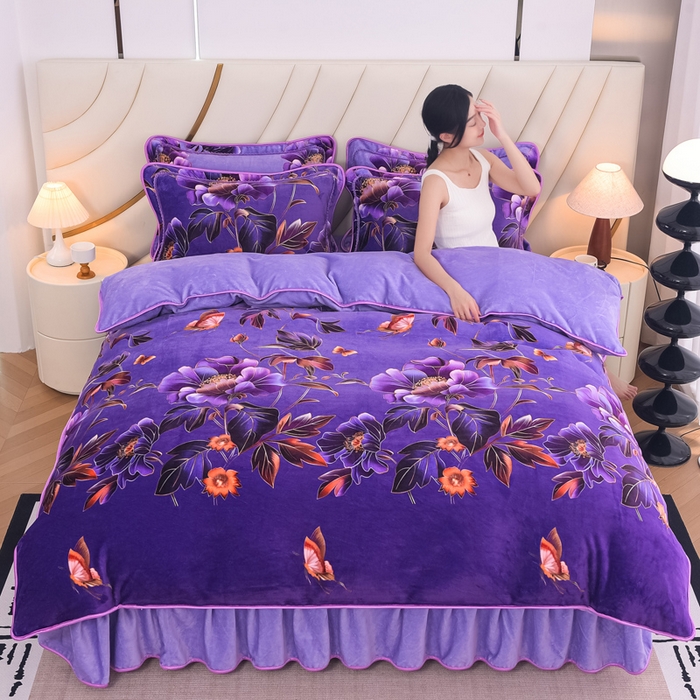 91家纺网 家纺一手货源 找家纺 首选家纺 2025新款加厚保暖牛奶绒金貂绒法莱绒床裙款四件套 紫色花海
