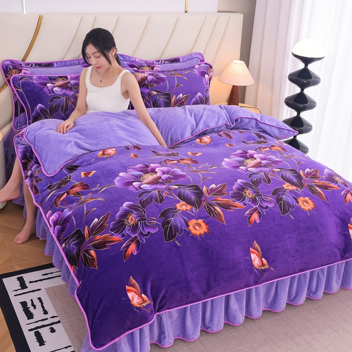 91家纺网 家纺一手货源 找家纺 首选家纺 2025新款加厚保暖牛奶绒金貂绒法莱绒床裙款四件套 紫色花海