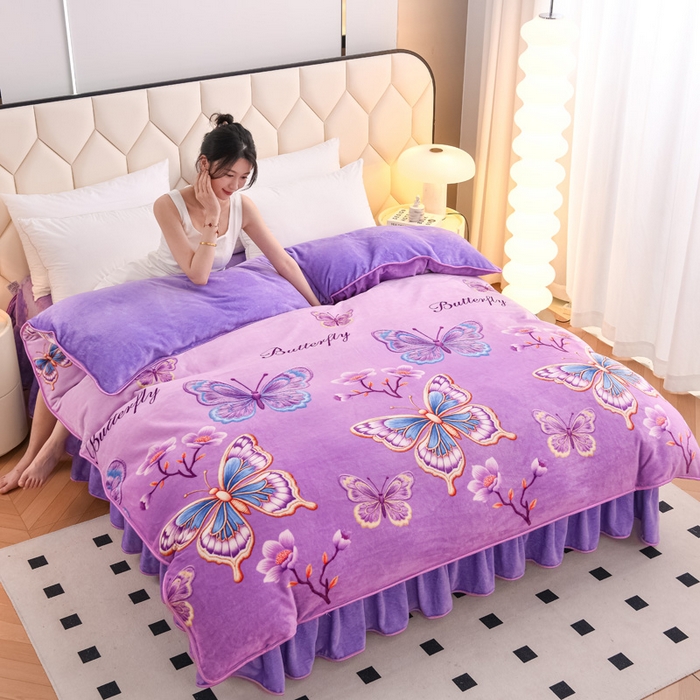 91家纺网 家纺一手货源 找家纺 首选家纺 2025新款加厚保暖牛奶绒金貂绒法莱绒床裙款四件套 紫韵