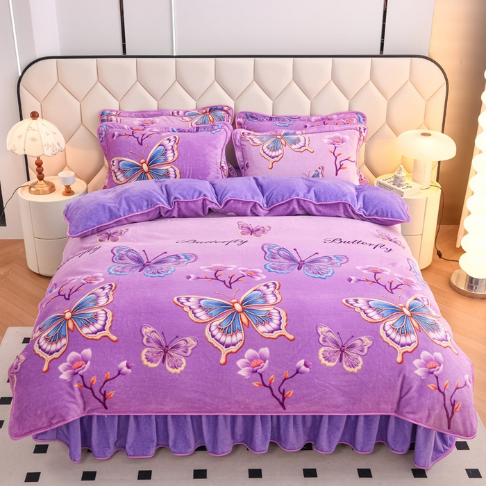 91家纺网 家纺一手货源 找家纺 首选家纺 2025新款加厚保暖牛奶绒金貂绒法莱绒床裙款四件套 紫韵