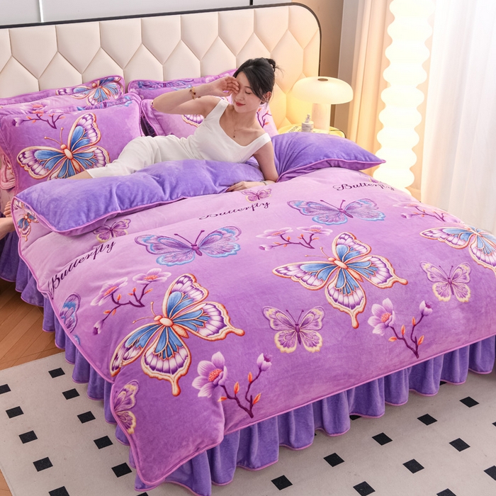 91家纺网 家纺一手货源 找家纺 首选家纺 2025新款加厚保暖牛奶绒金貂绒法莱绒床裙款四件套 紫韵