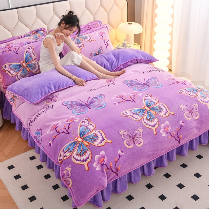 91家纺网 家纺一手货源 找家纺 首选家纺 2025新款加厚保暖牛奶绒金貂绒法莱绒床裙款四件套 紫韵