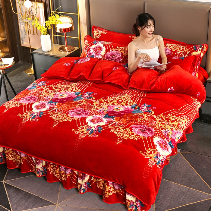 91家纺网 家纺一手货源 找家纺 首选家纺 2025新款加厚保暖牛奶绒金貂绒法莱绒床裙款四件套 醉美佳人