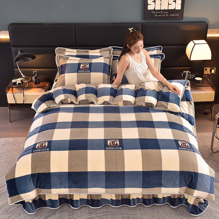 慕婷家纺 2025新款牛奶绒印花四件套 蓝大格