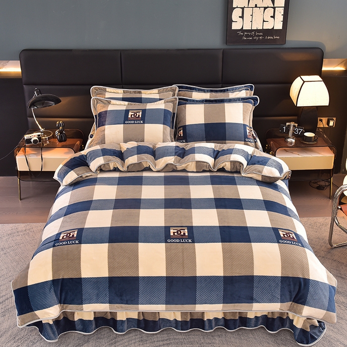 91家纺网 家纺一手货源 找家纺 慕婷家纺 2025新款牛奶绒印花四件套 蓝大格