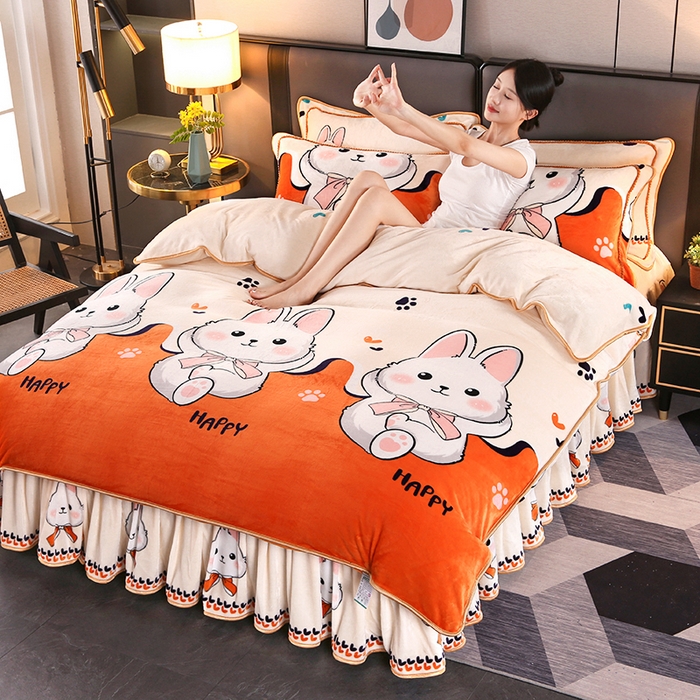 91家纺网 家纺一手货源 找家纺 望淮 2025新款230g印花金貂绒牛奶绒四件套 萌兔