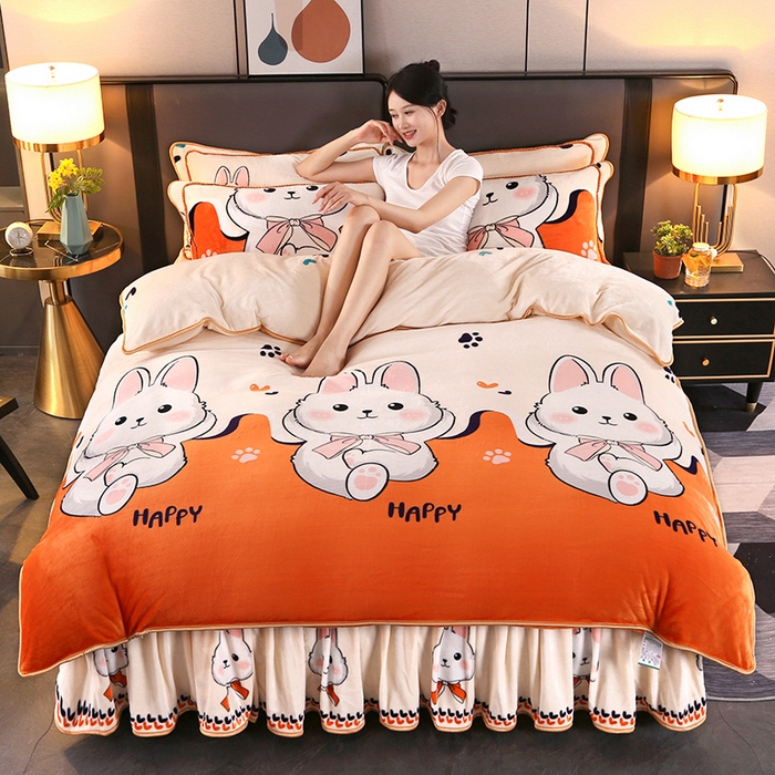 91家纺网 家纺一手货源 找家纺 望淮 2025新款230g印花金貂绒牛奶绒四件套 萌兔