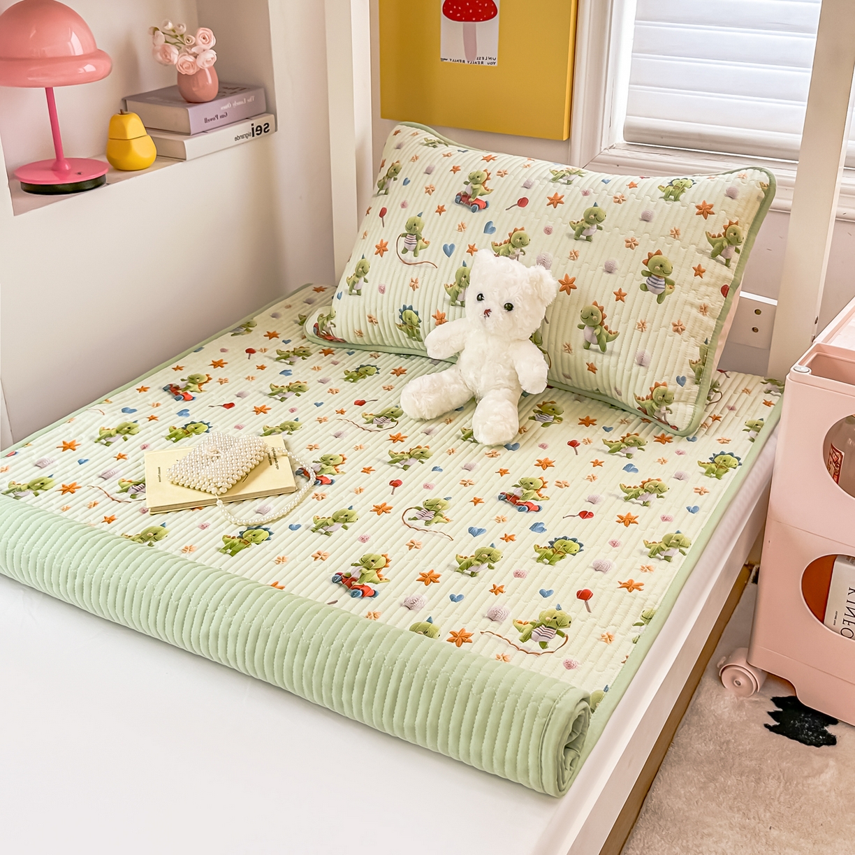 91家纺网 家纺一手货源 找家纺 恒尚居 2025新款全棉双层纱学生床垫纯棉床盖床褥垫软床垫床护垫-四季款-系列二 【5D-恐龙宝宝】纯棉-双层纱
