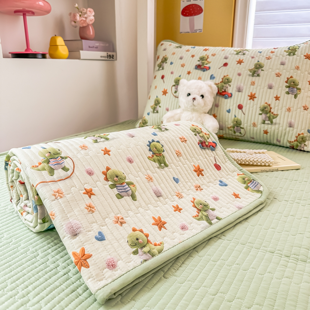 91家纺网 家纺一手货源 找家纺 恒尚居 2025新款全棉双层纱学生床垫纯棉床盖床褥垫软床垫床护垫-四季款-系列二 【5D-恐龙宝宝】纯棉-双层纱