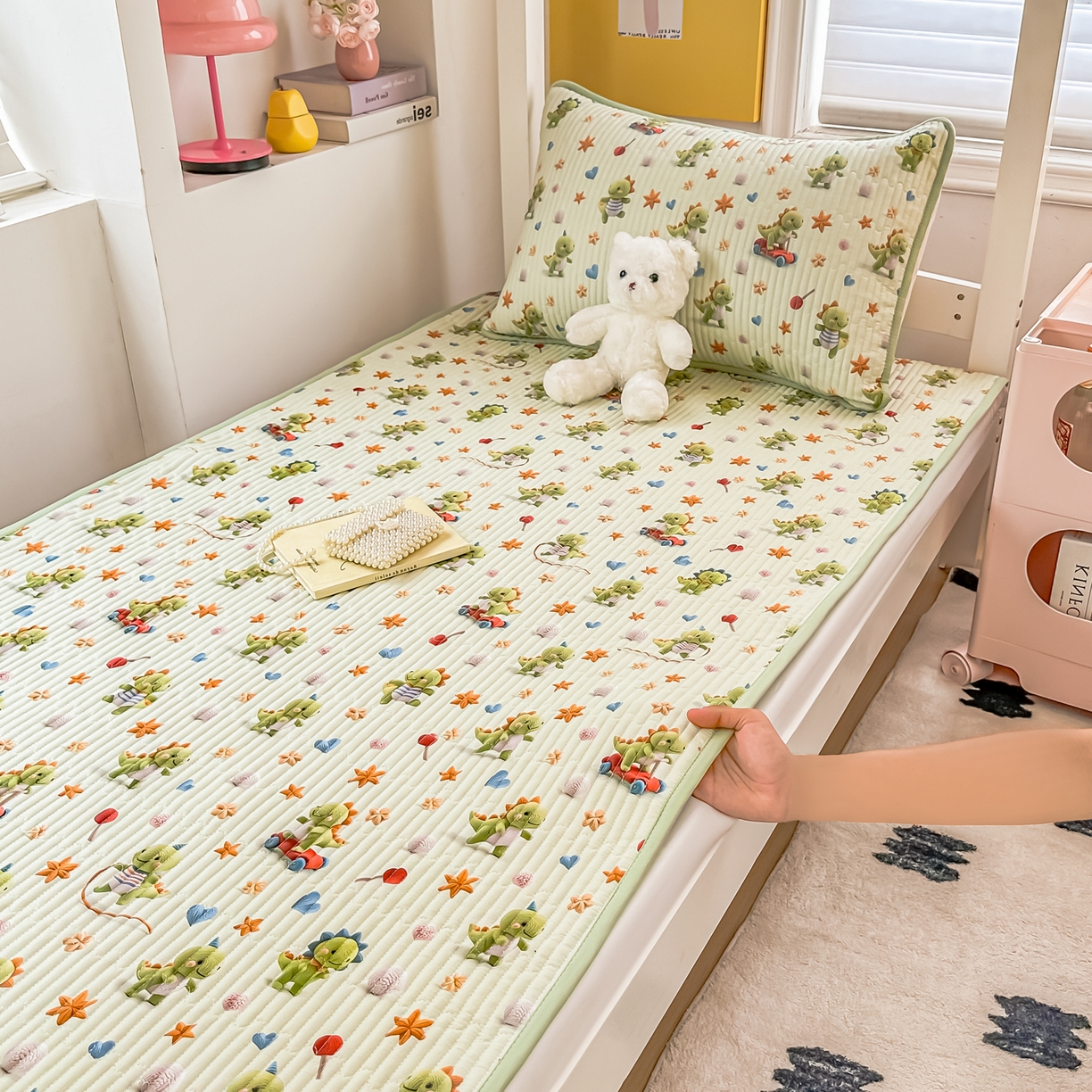 91家纺网 家纺一手货源 找家纺 恒尚居 2025新款全棉双层纱学生床垫纯棉床盖床褥垫软床垫床护垫-四季款-系列二 【5D-恐龙宝宝】纯棉-双层纱