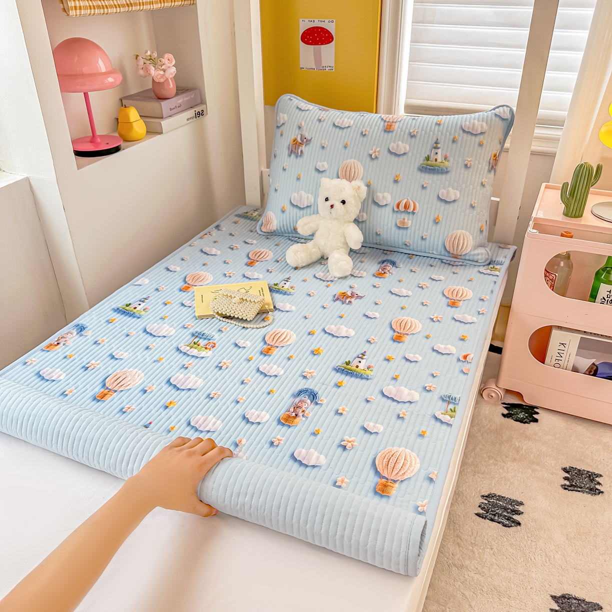 91家纺网 家纺一手货源 找家纺 恒尚居 2025新款全棉双层纱学生床垫纯棉床盖床褥垫软床垫床护垫-四季款-系列二 【5D-热气球】纯棉-双层纱